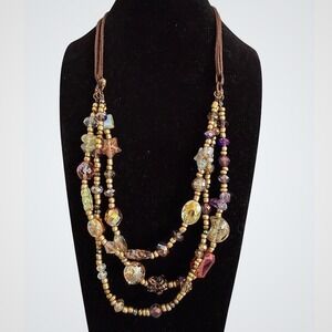 3 Strand Mixed Glass Beads Necklace 21" Rope Cord Gold Earth Tones Stars Moon